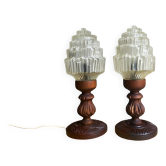 Pair Portuguese carved wood skyscraper table lamps