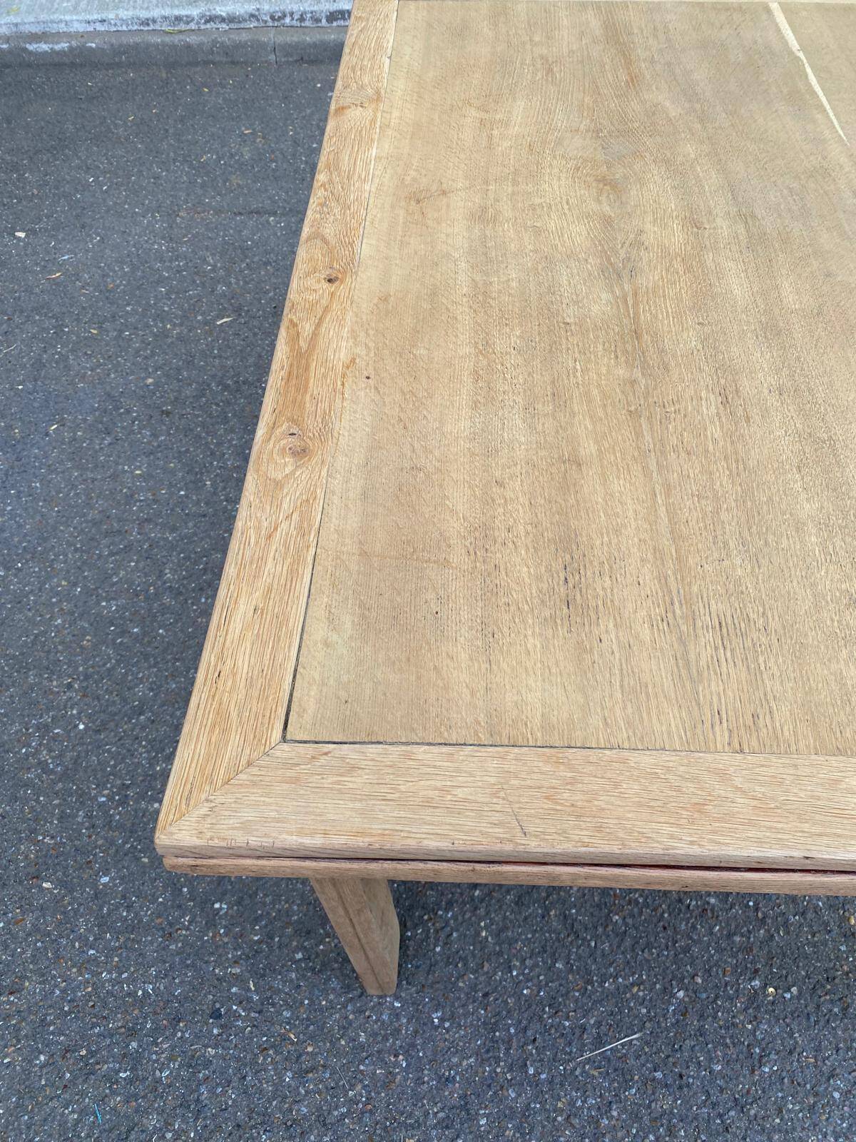 Extensible farmhouse dining table stripped in raw solid oak 1950