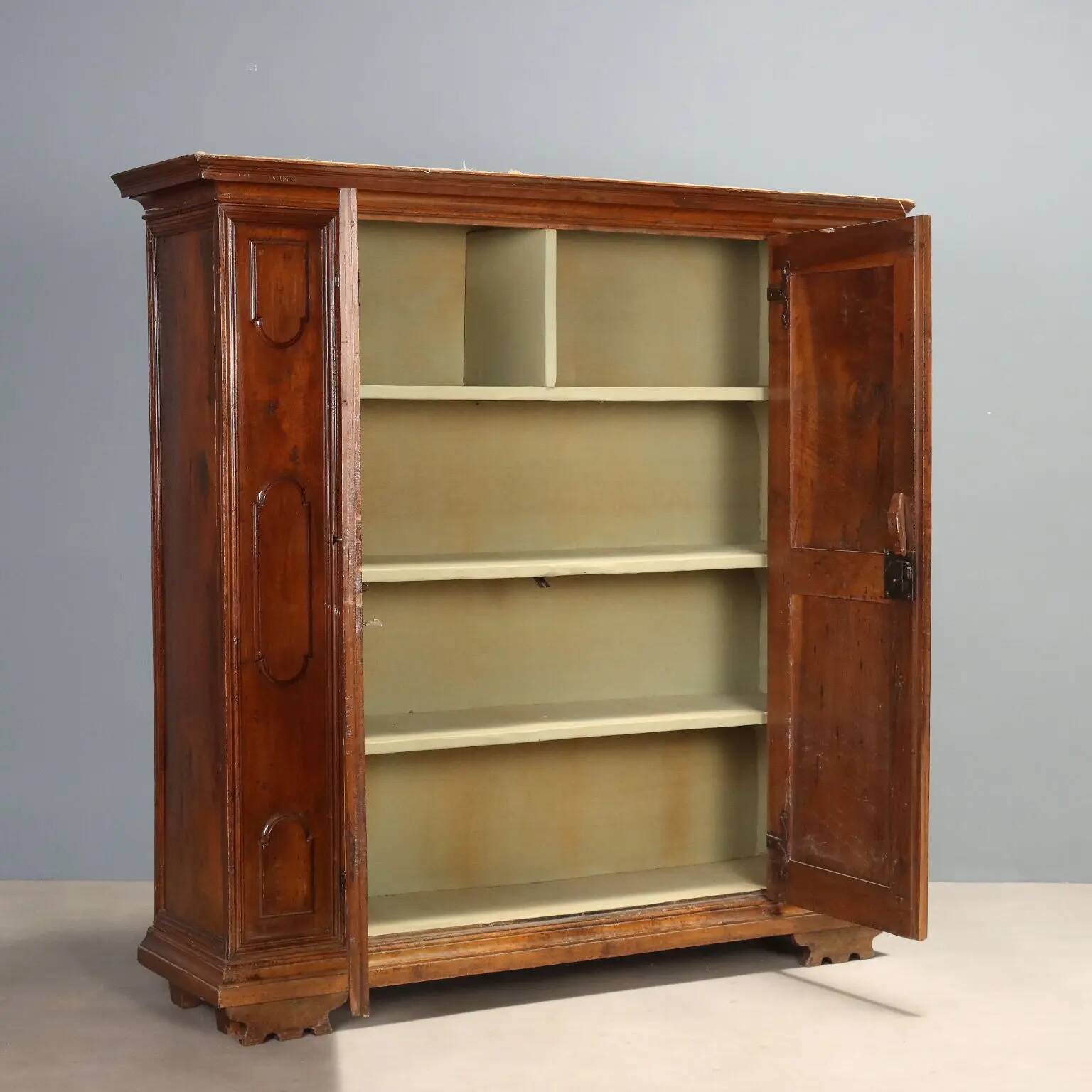 Antique baroque wardrobe in walnut and fabric, Piedmont, Italy, 18th century