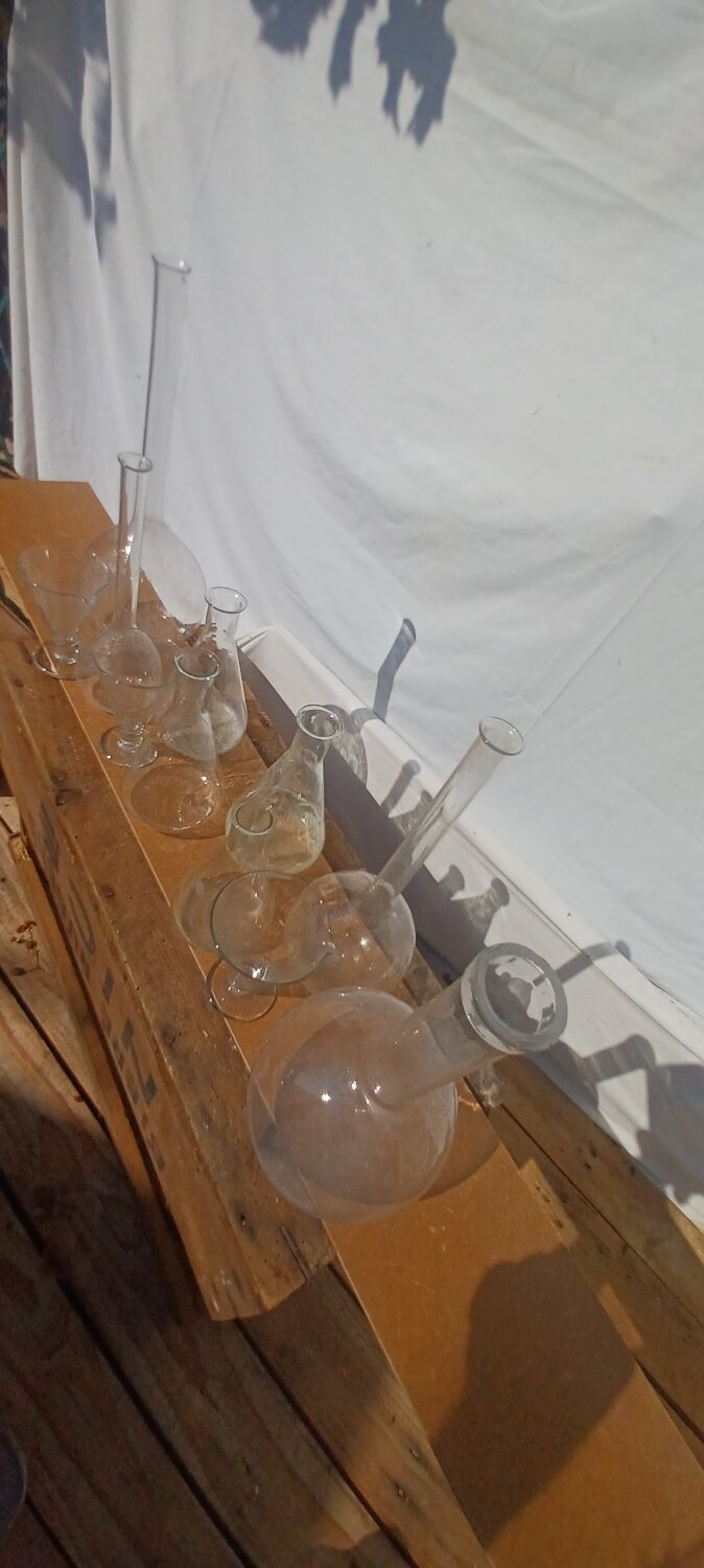 Lot of old soliflore vases chemistry laboratory equipment