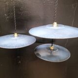 3 blue enameled sheet metal pendant lights