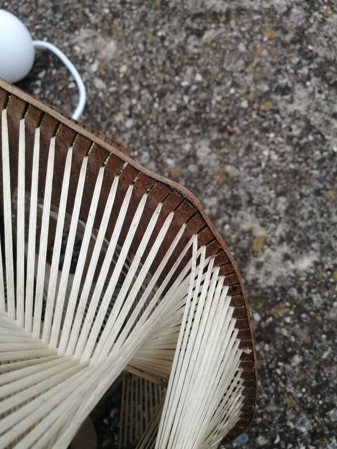 Pair of vintage wooden and rattan straw pendant lights.