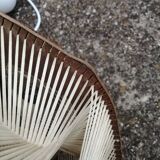 Pair of vintage wooden and rattan straw pendant lights.