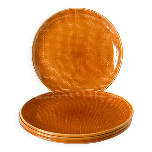 Lot de 4 assiettes plates, effet tissé, jaune moutarde, Salins, 1950