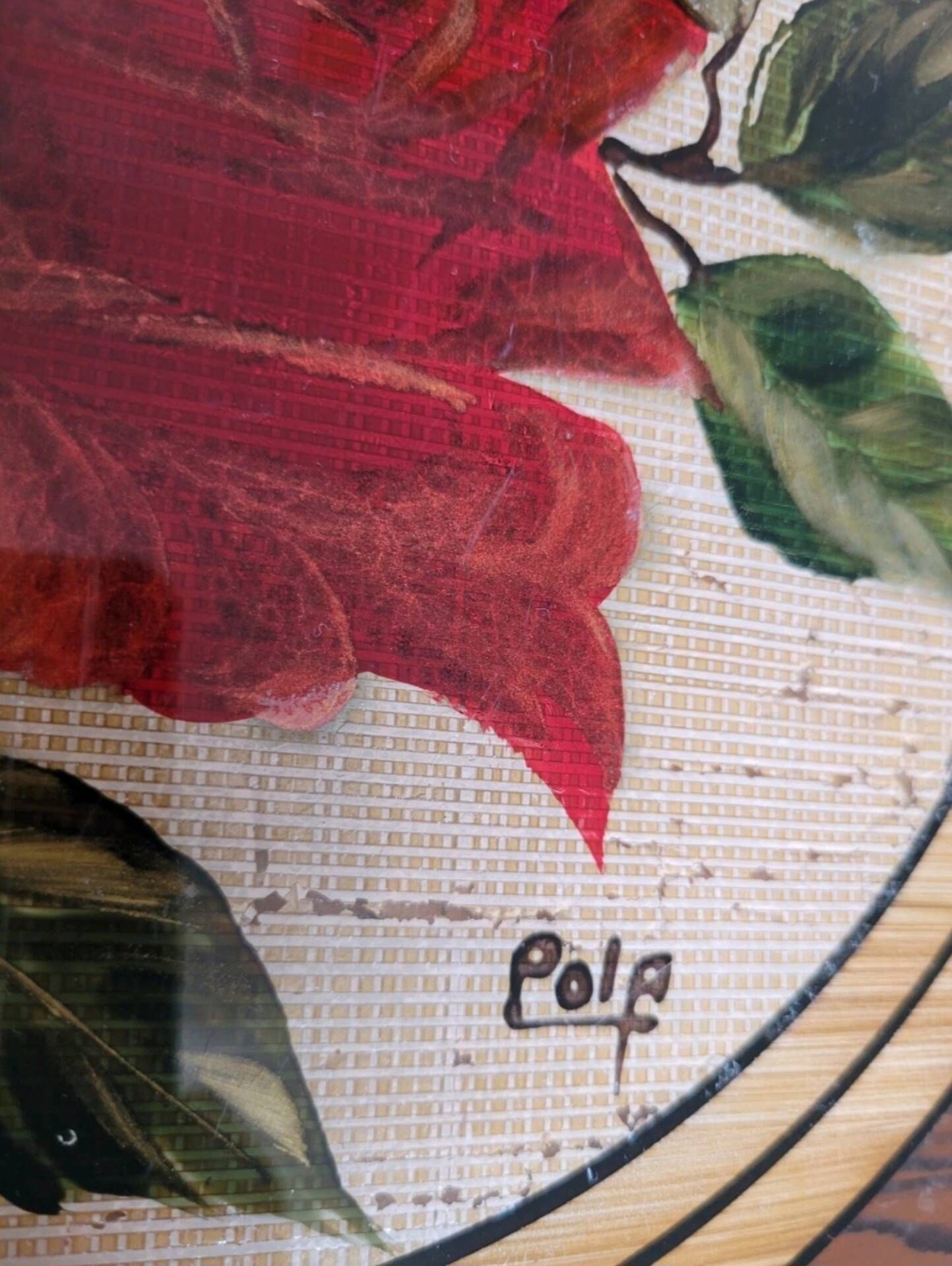 Art deco plateau, signed pola, painted glass, bamboo and rice straw.