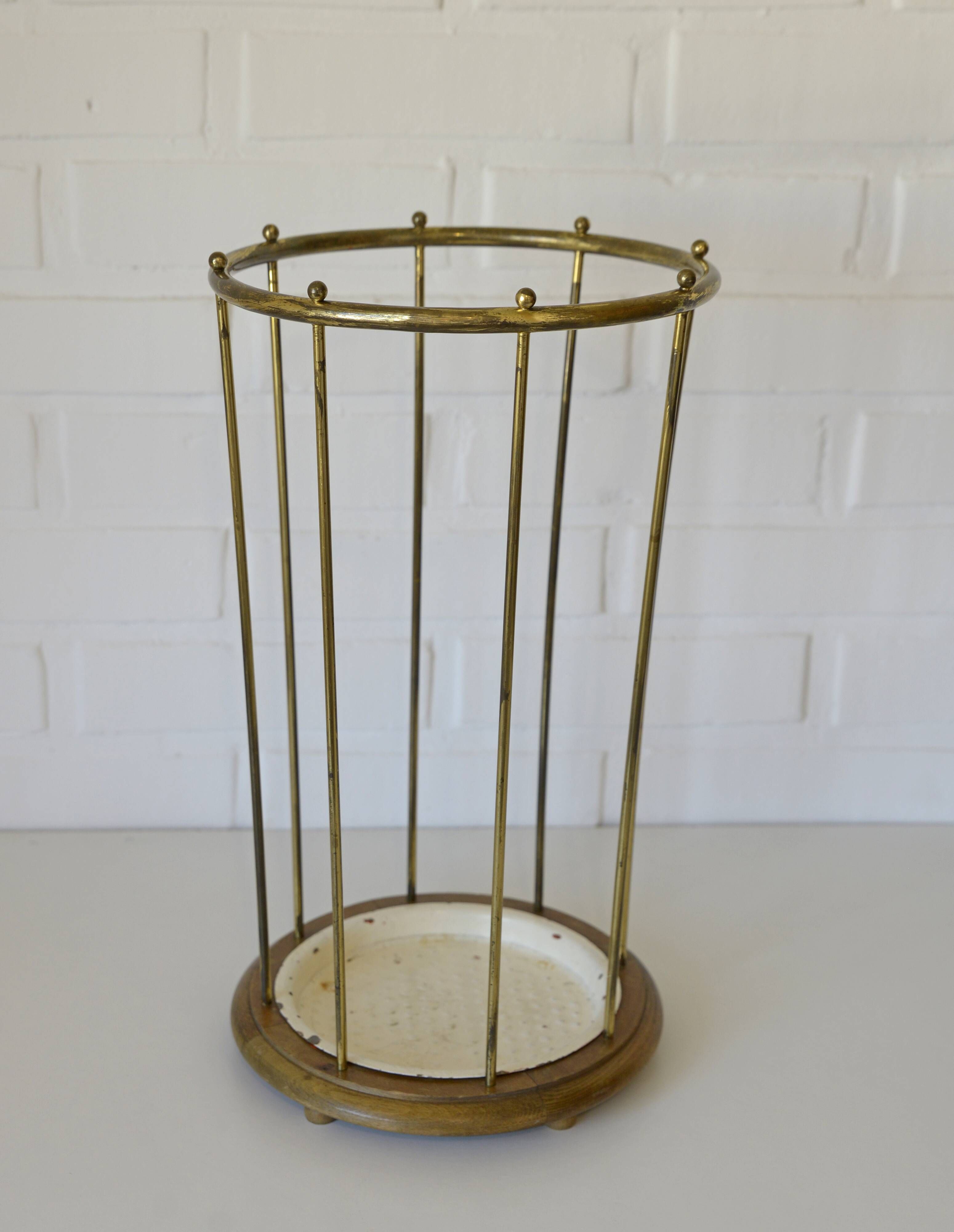 Vintage umbrella stand mid-century brass metal stick holder from 1960s