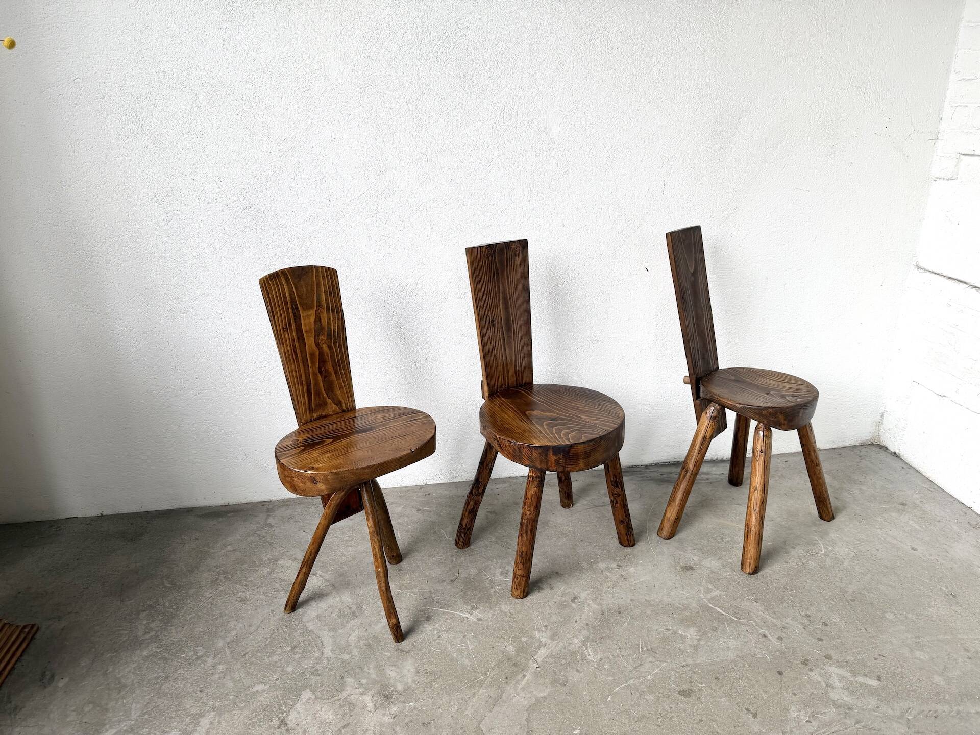 Set of three alpine chairs in solid pine, France, 1950s.