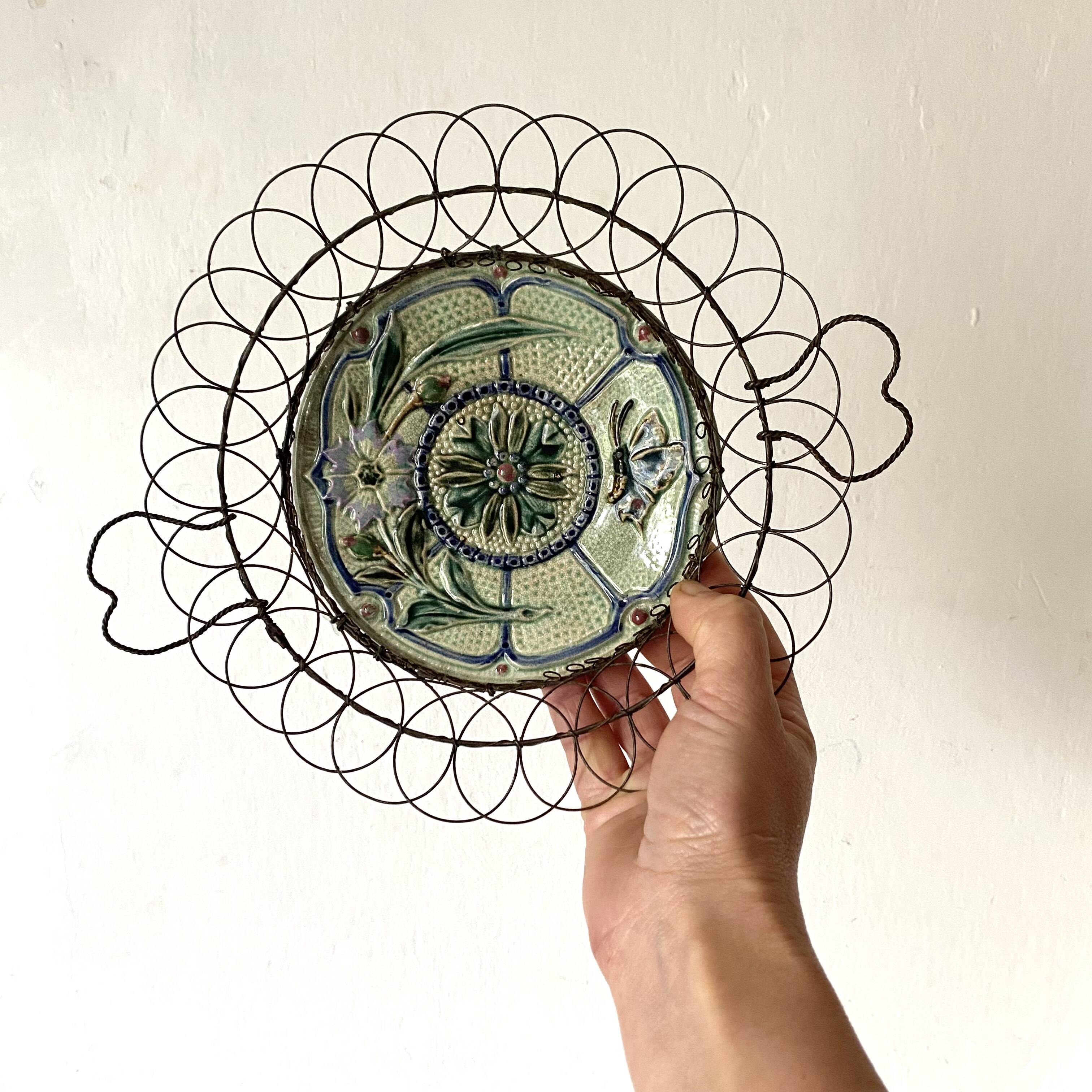 Antique barbotine and wire dish, 19th century