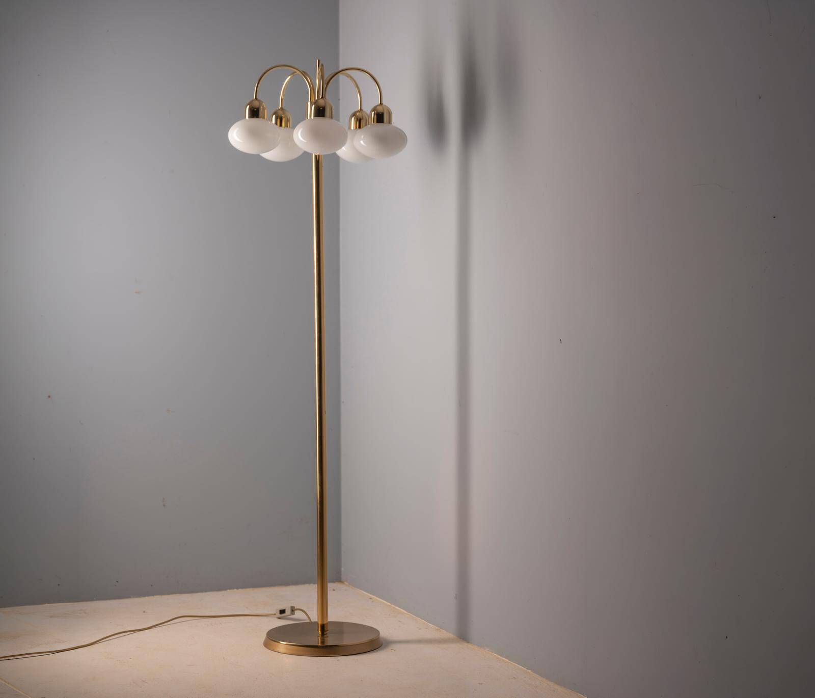 Vintage brass floor lamp with five opaline glass shades, mid-century, Czechoslovakia, 165 × 60 × 30 cm