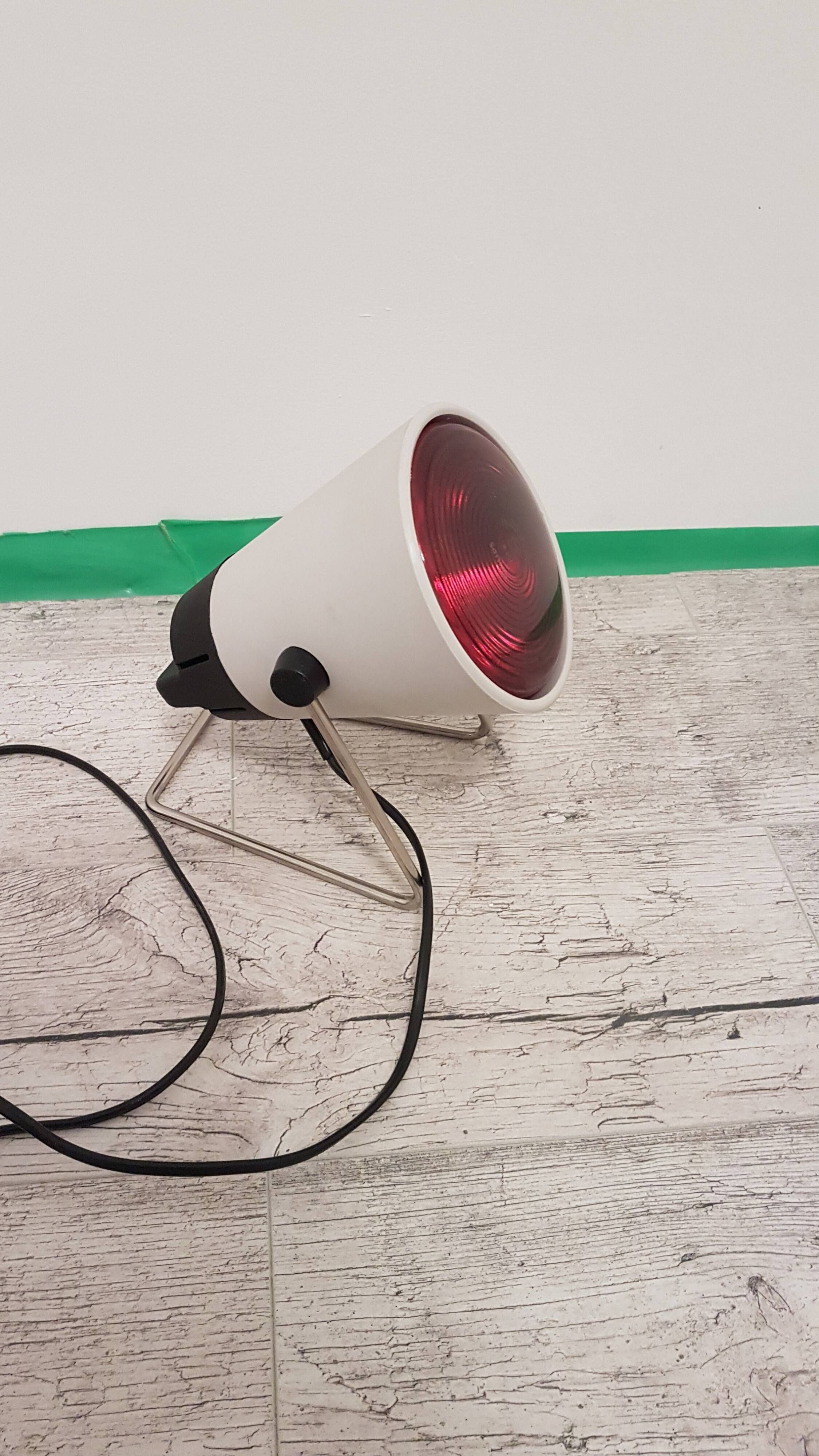 Space Age desk lamp, white metal, chrome-plated steel, red glass, Germany,