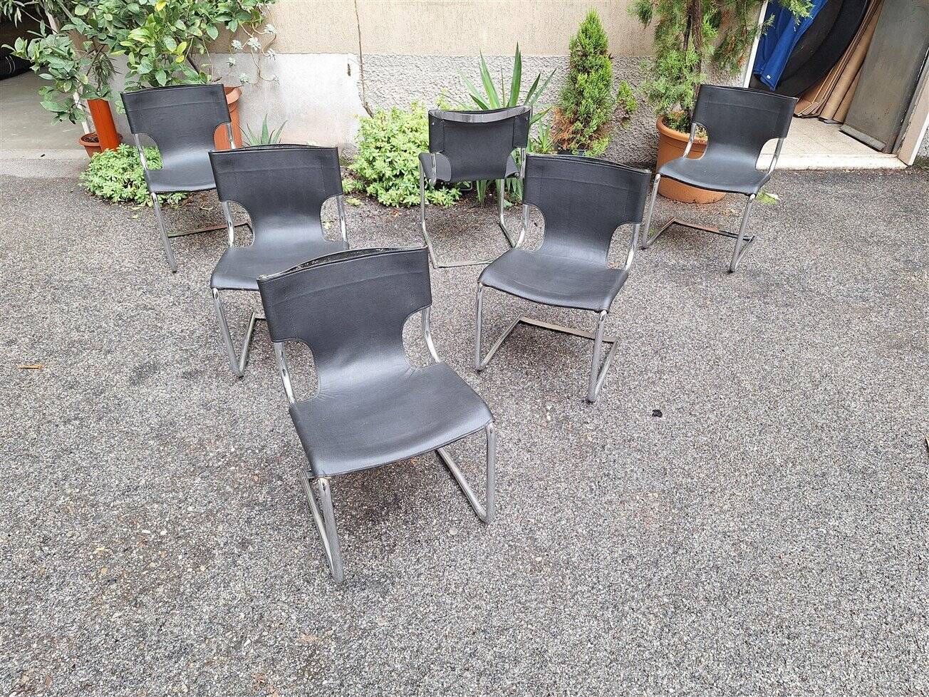 Model 920 Chairs in Chrome and Black Leather by Carlo Bartoli for T70, 1970s, Set of 6