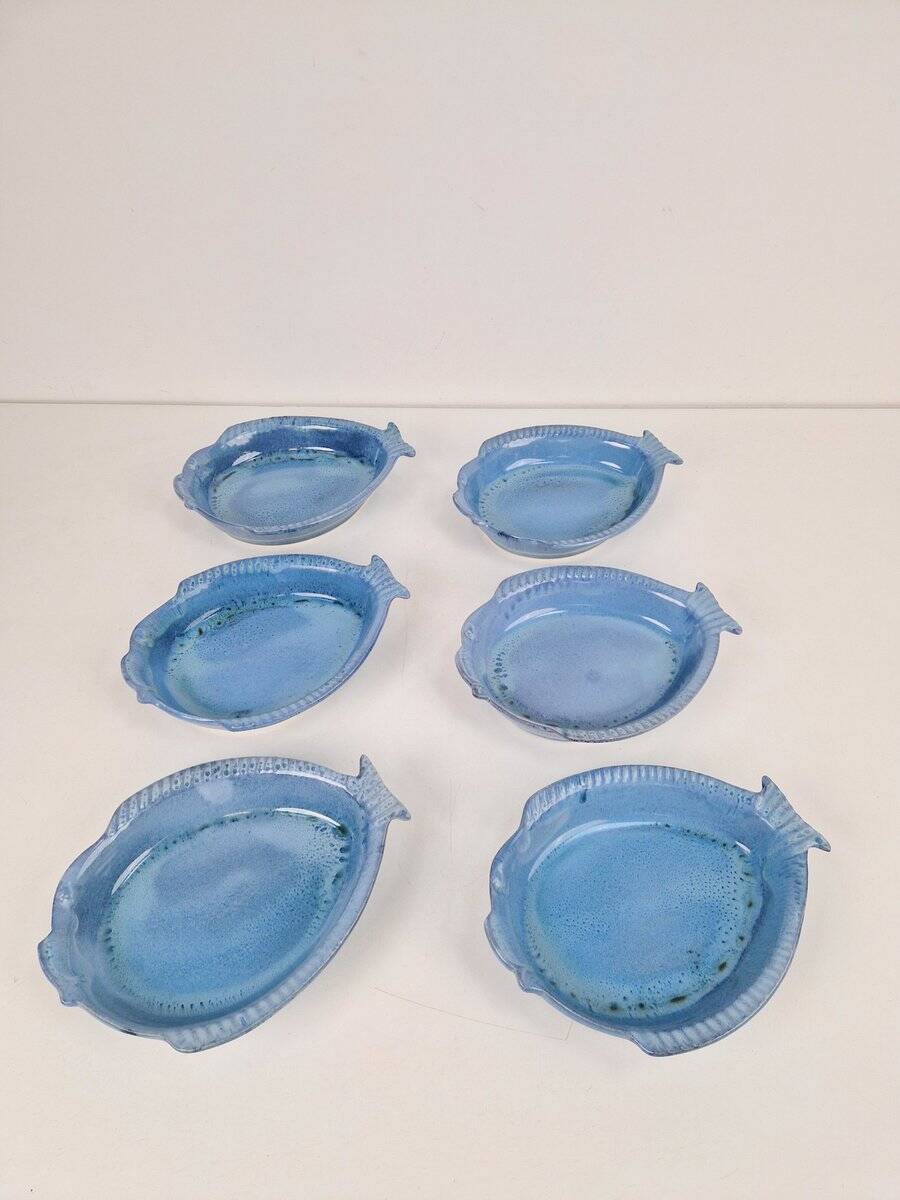 Assiettes en céramique bleue en forme de poisson par Aimé De Grimaud, France, 1970, ensemble de 6.