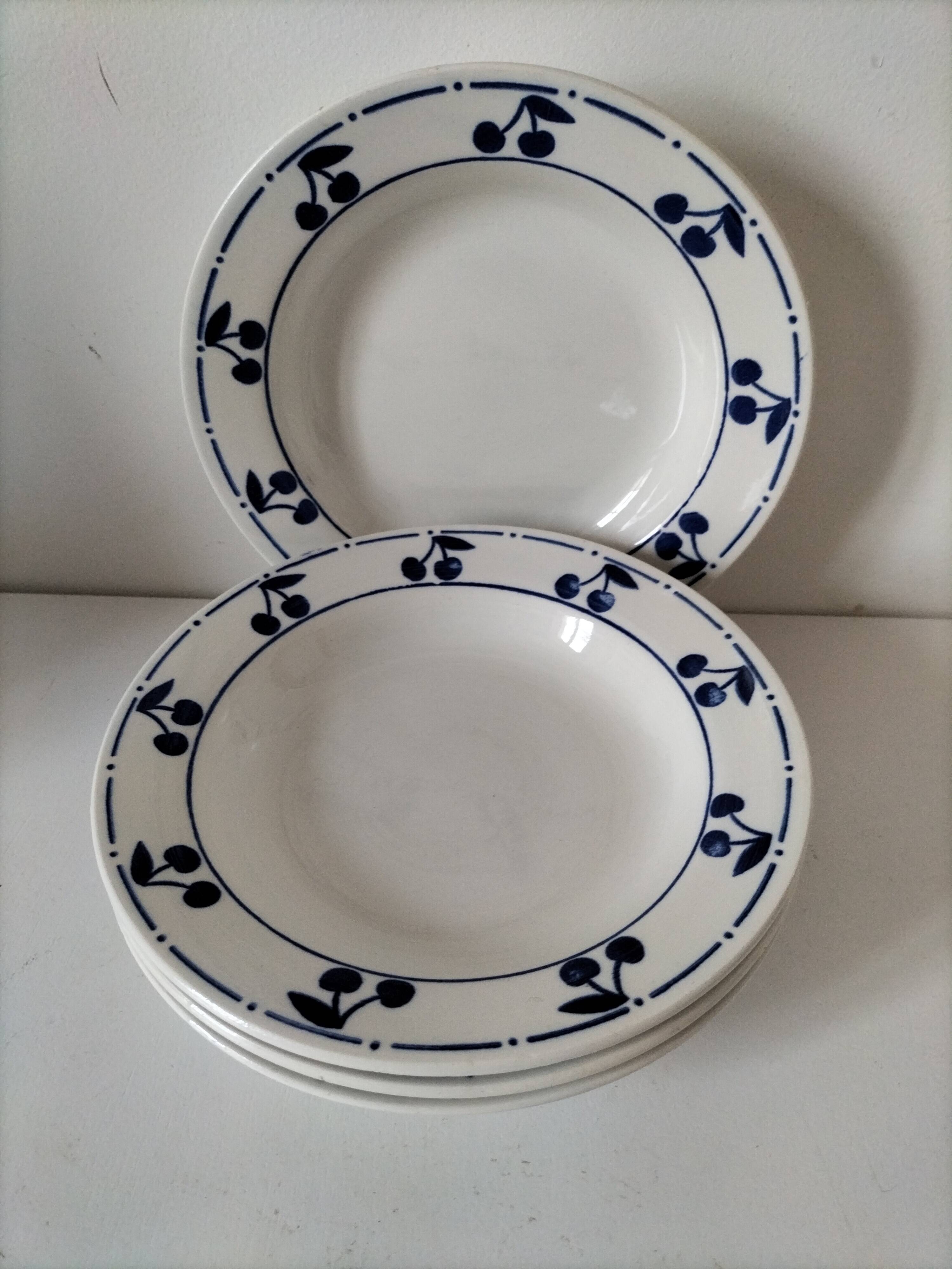 Set of 4 antique soup plates – “Blue Cherries” design – 1950s