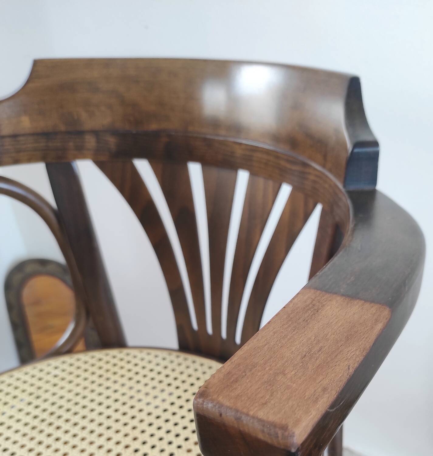 Vintage swivel office chair with curved wood and caning (Thonet style)