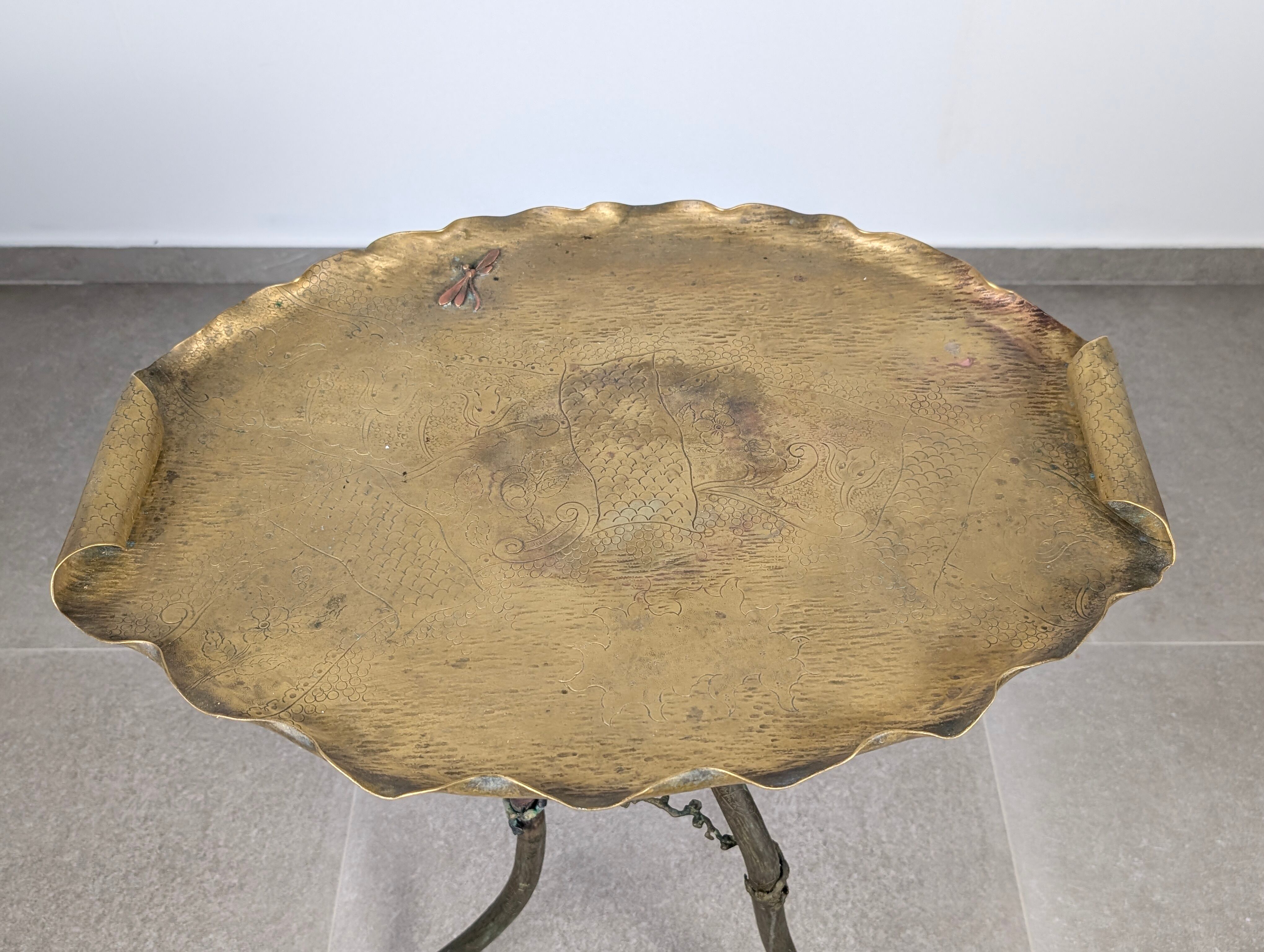 Japanese Art Nouveau bronze and brass table with dragonfly, 1920s