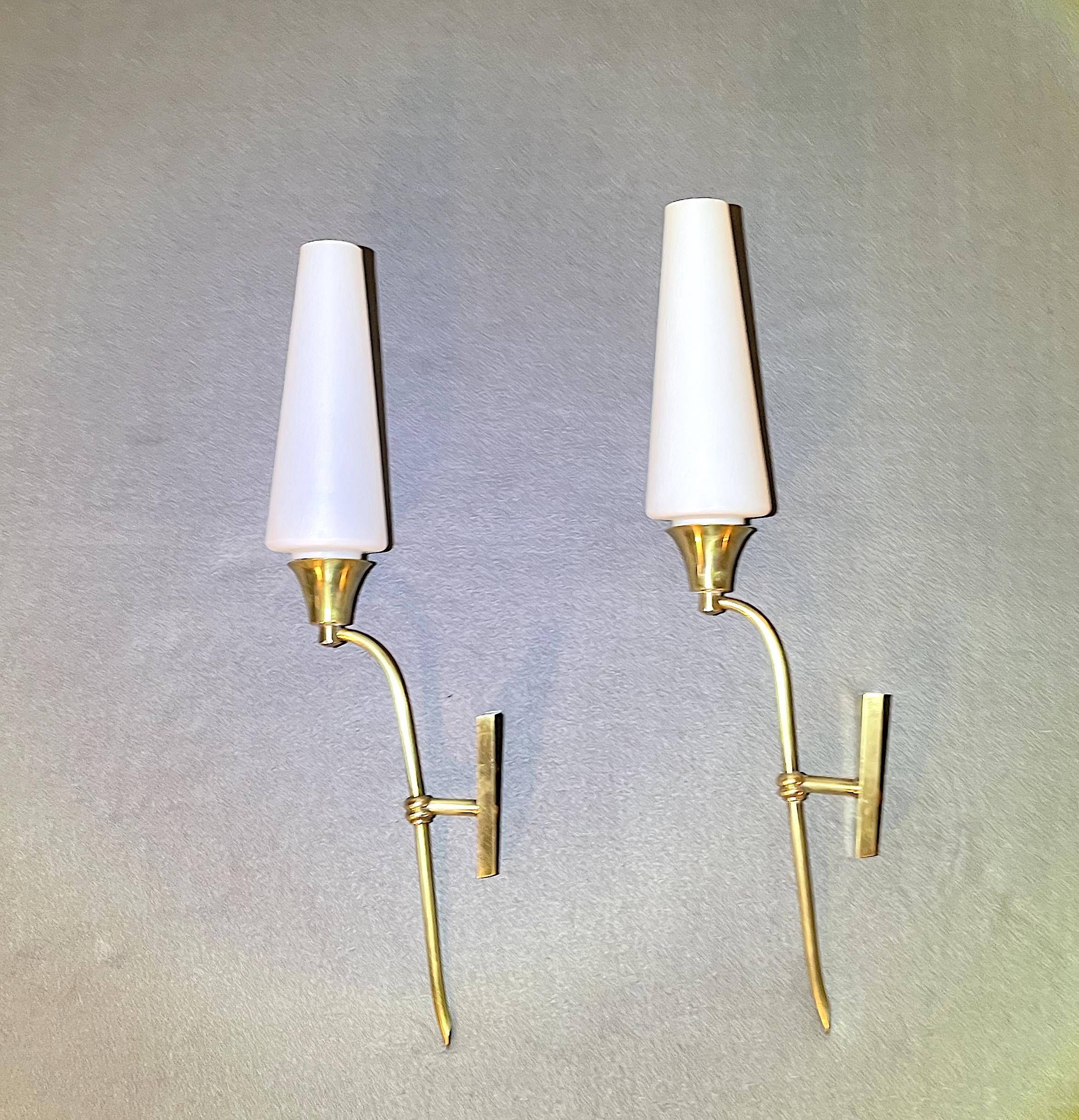 Pair of tall brass and white opaline sconces, mid-century France