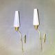 Pair of tall brass and white opaline sconces, mid-century France