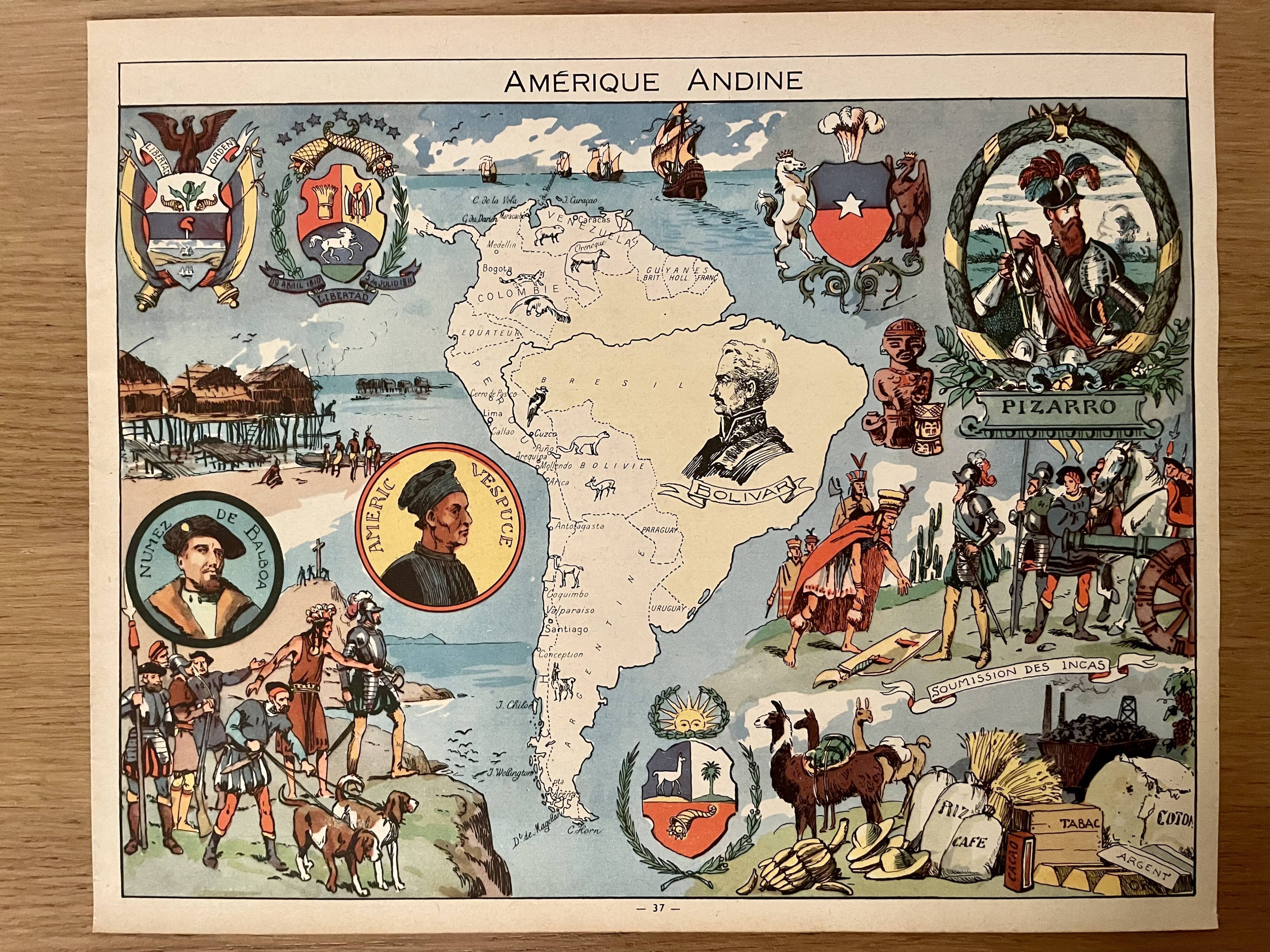 Old illustrated map of andean america from 1948 - jp pinchon