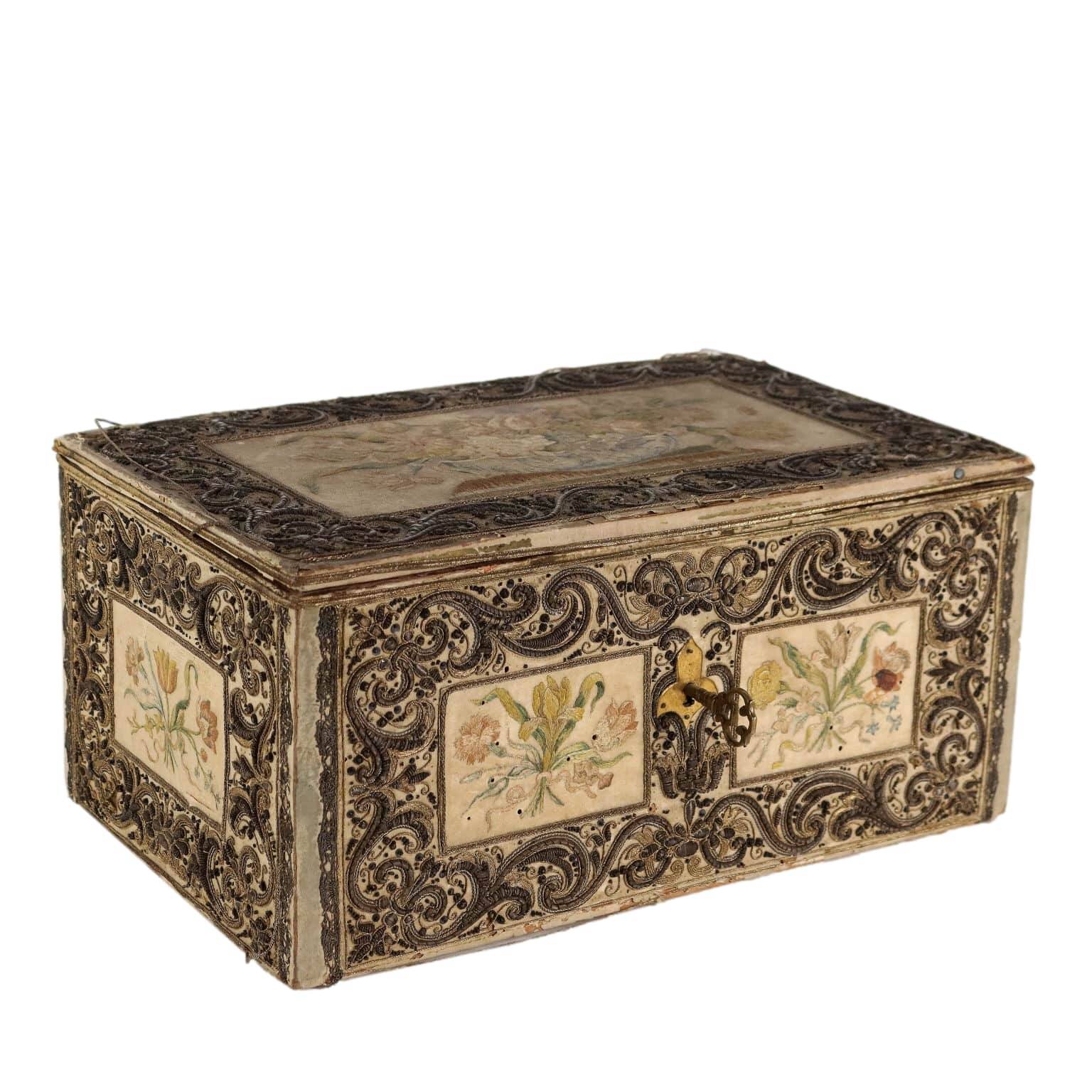 Antique wooden box with fabric and beads, Europe 19th Century