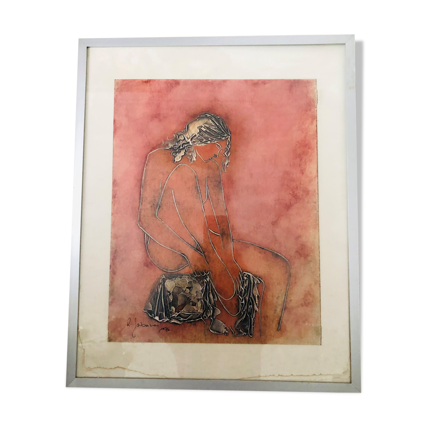 Lithograph: young woman coming out of the bath