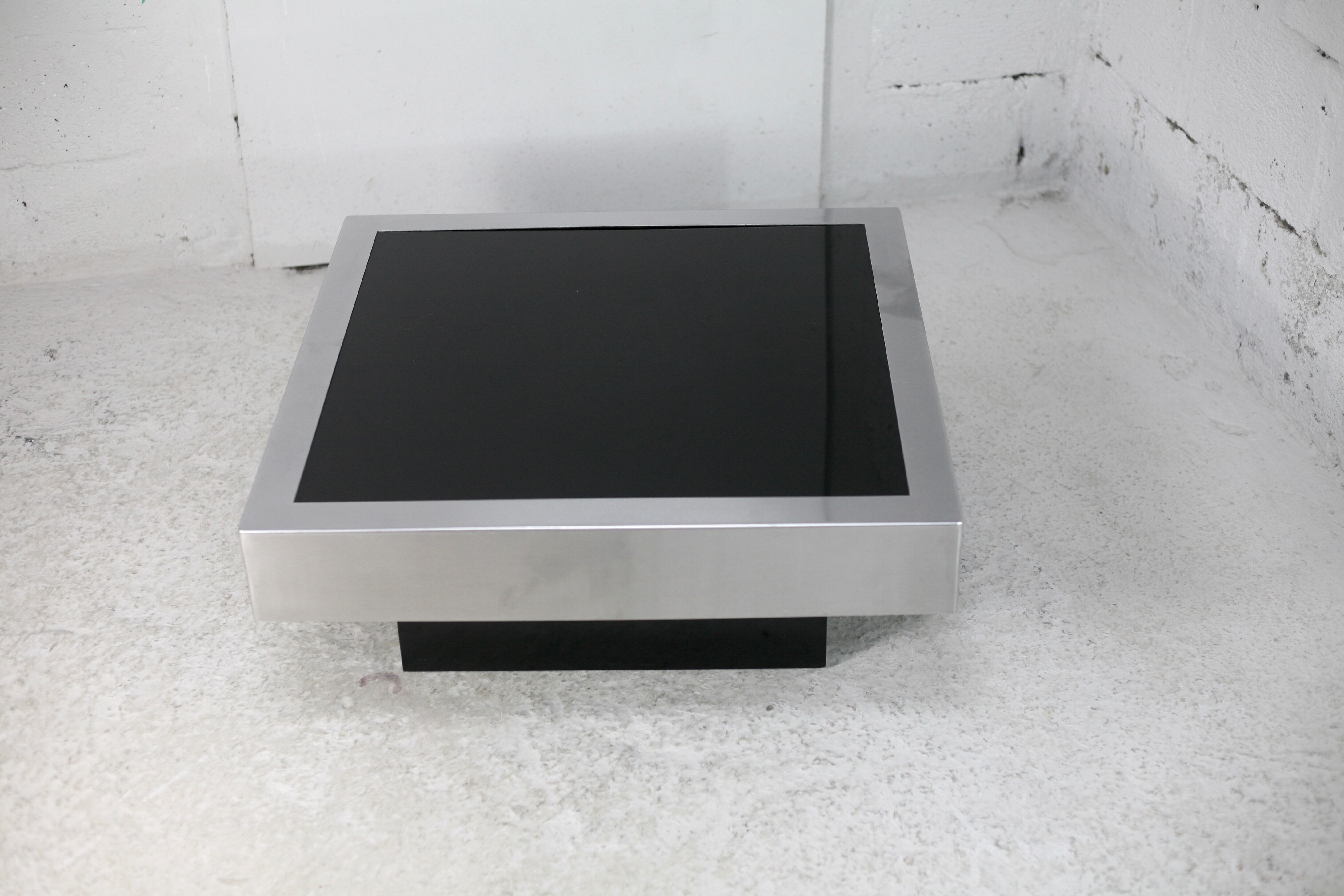 Coffee table in steel and black glass. France, circa 1970