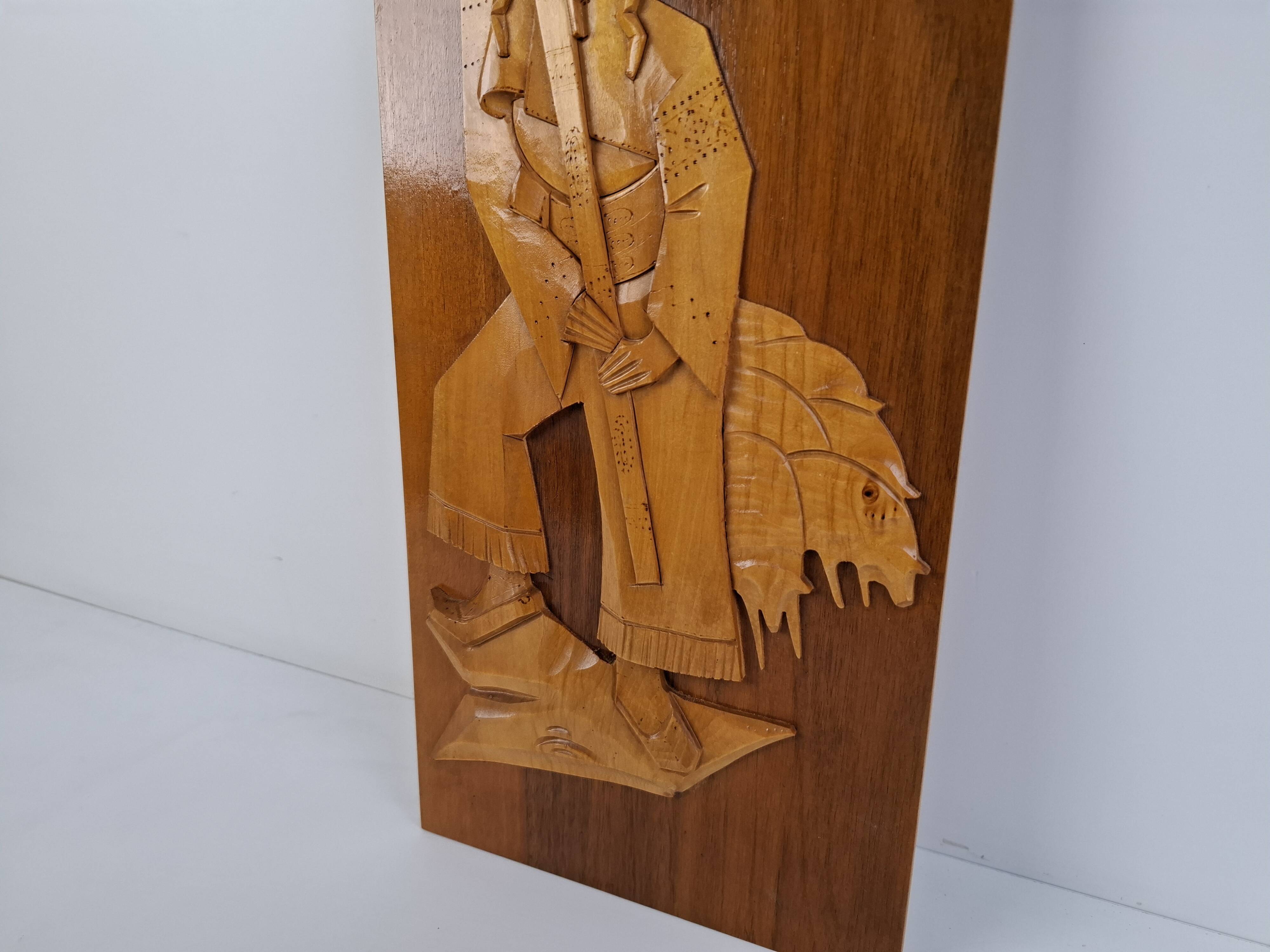 Mid-century Czech hand-carved wooden shepherd wall relief, 1960.