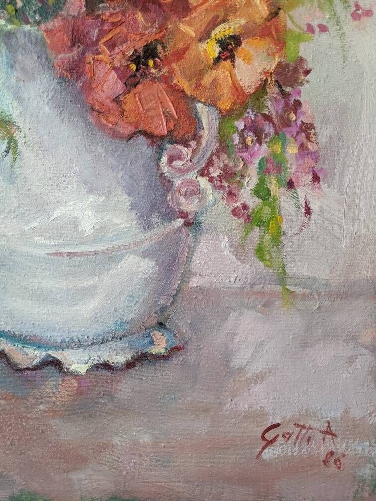 Acrylique sur toile nature morte contemporaine bouquet de fleurs bohème