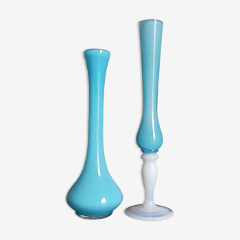 Duo of vintage opaline opaline soliflore vases