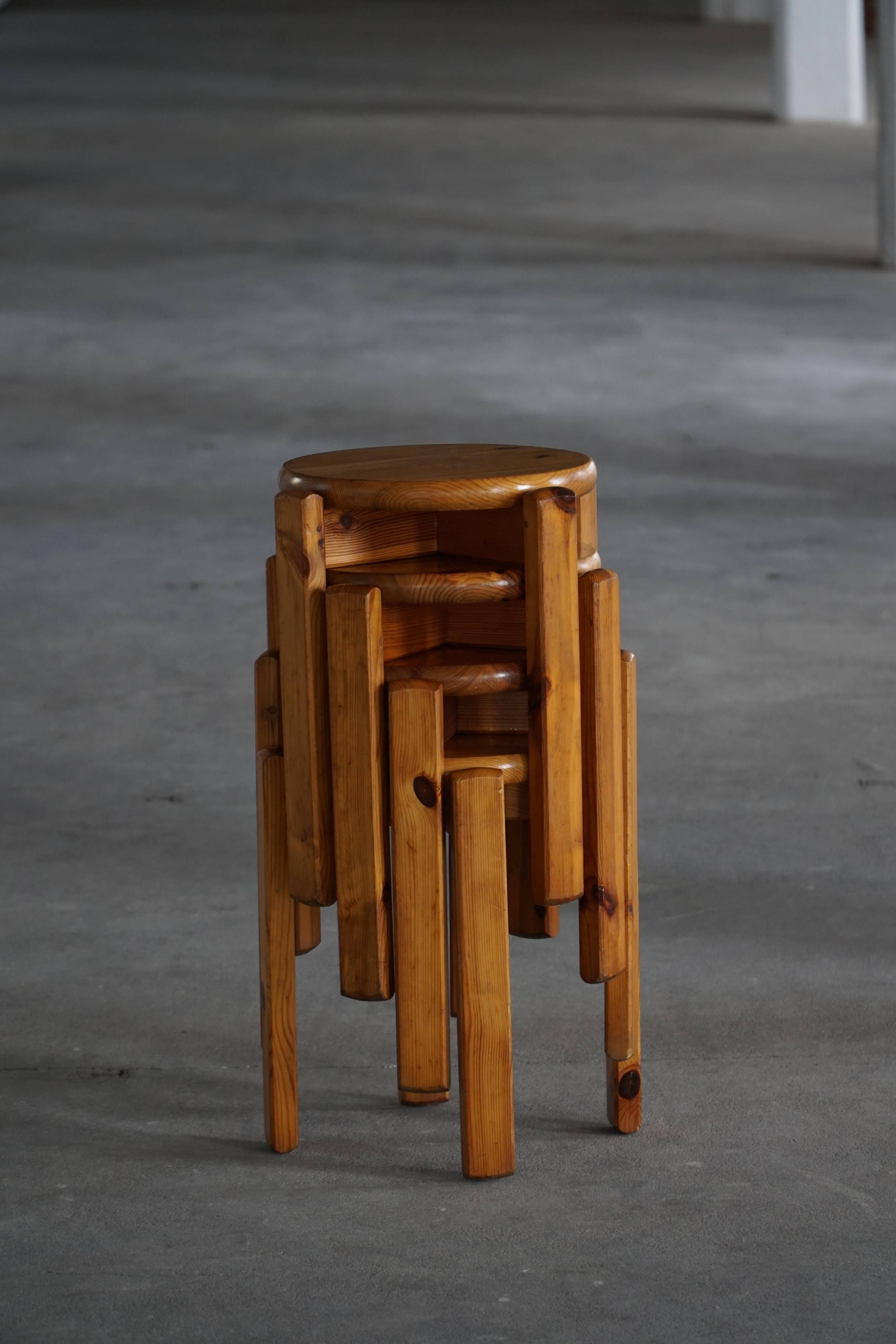 Mid-20th century, set of 4 vintage stackable pine stools, Danish design.