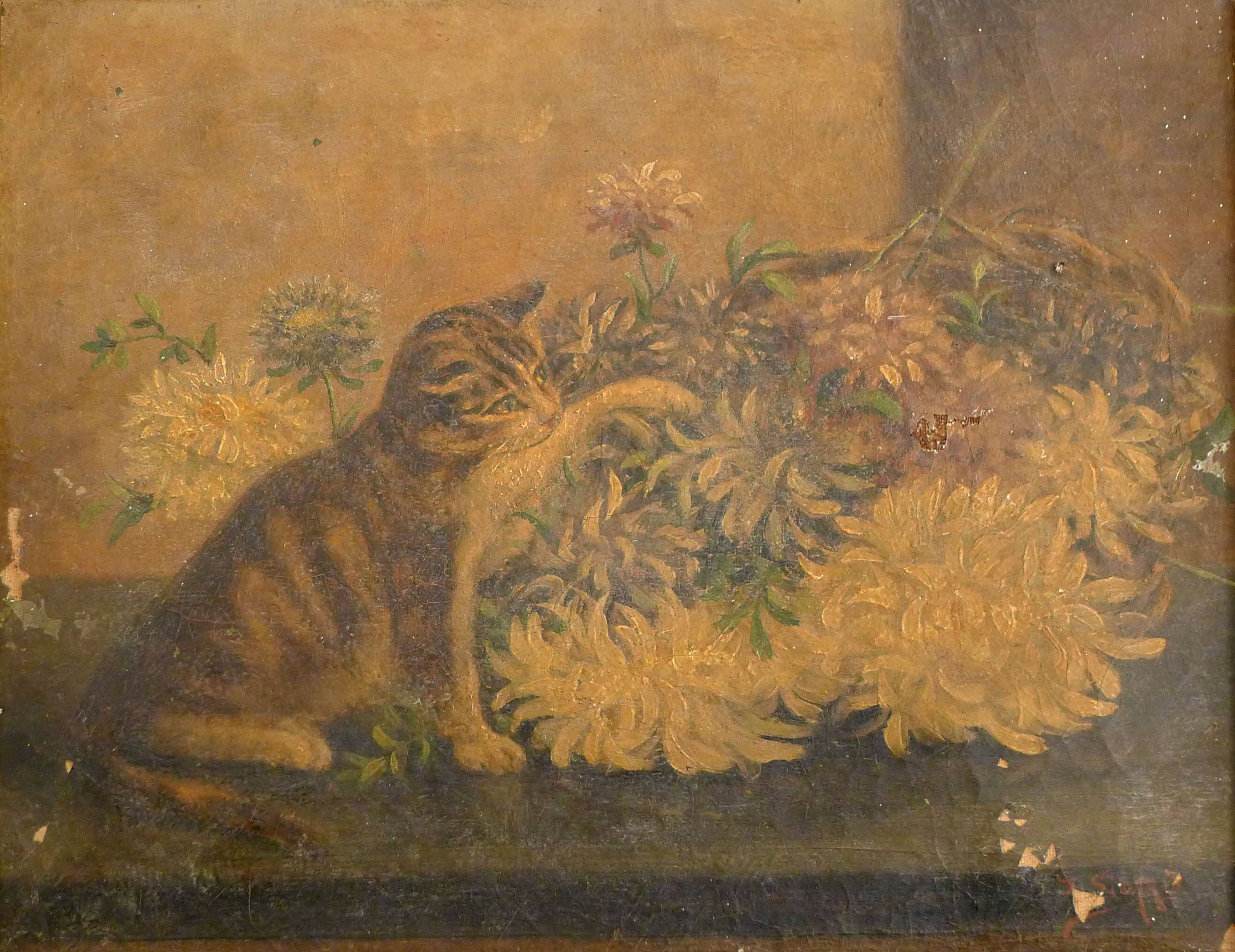 Old painting Cat & flowers