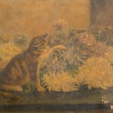Old painting Cat & flowers