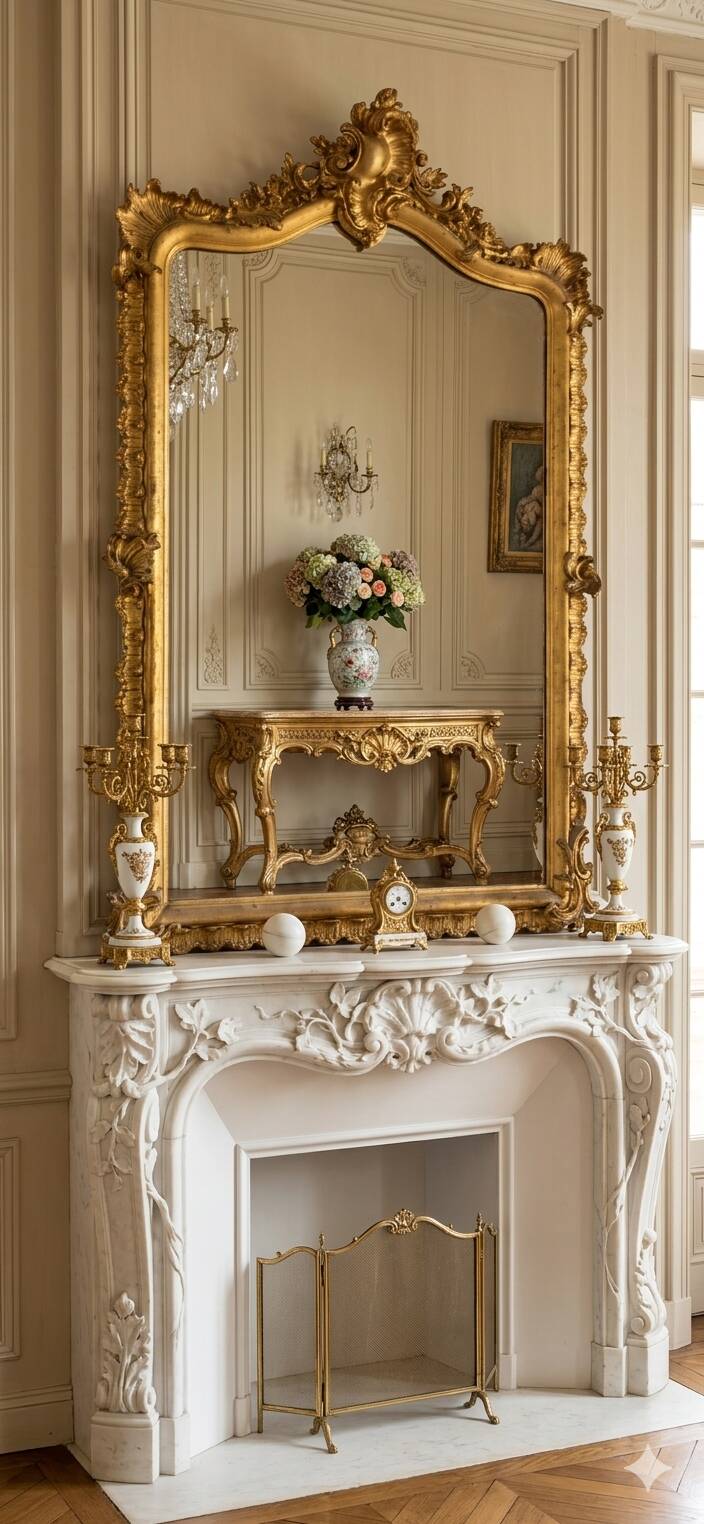 Miroir style Louis XV doré à la feuille d'or du XIXème, 181cm H