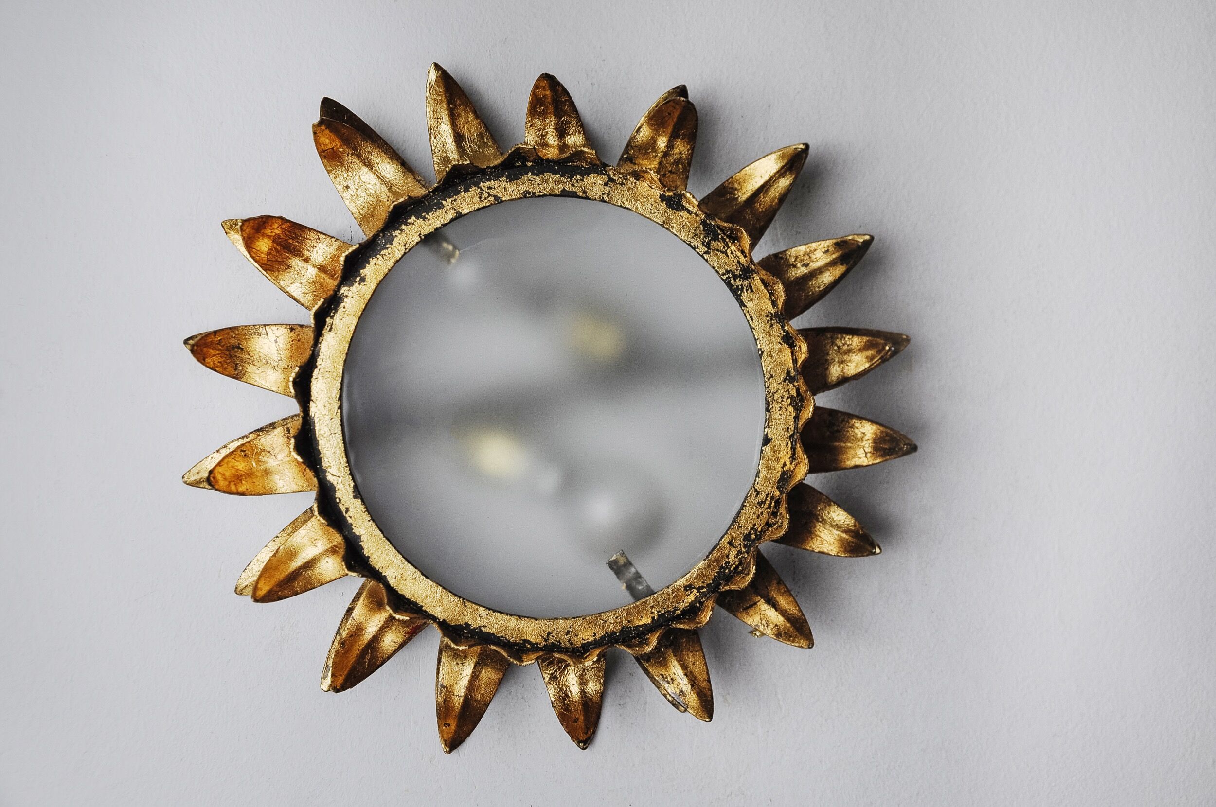 Wall lamp sun by ferro arte, metal and gold leaf, spain, 1960