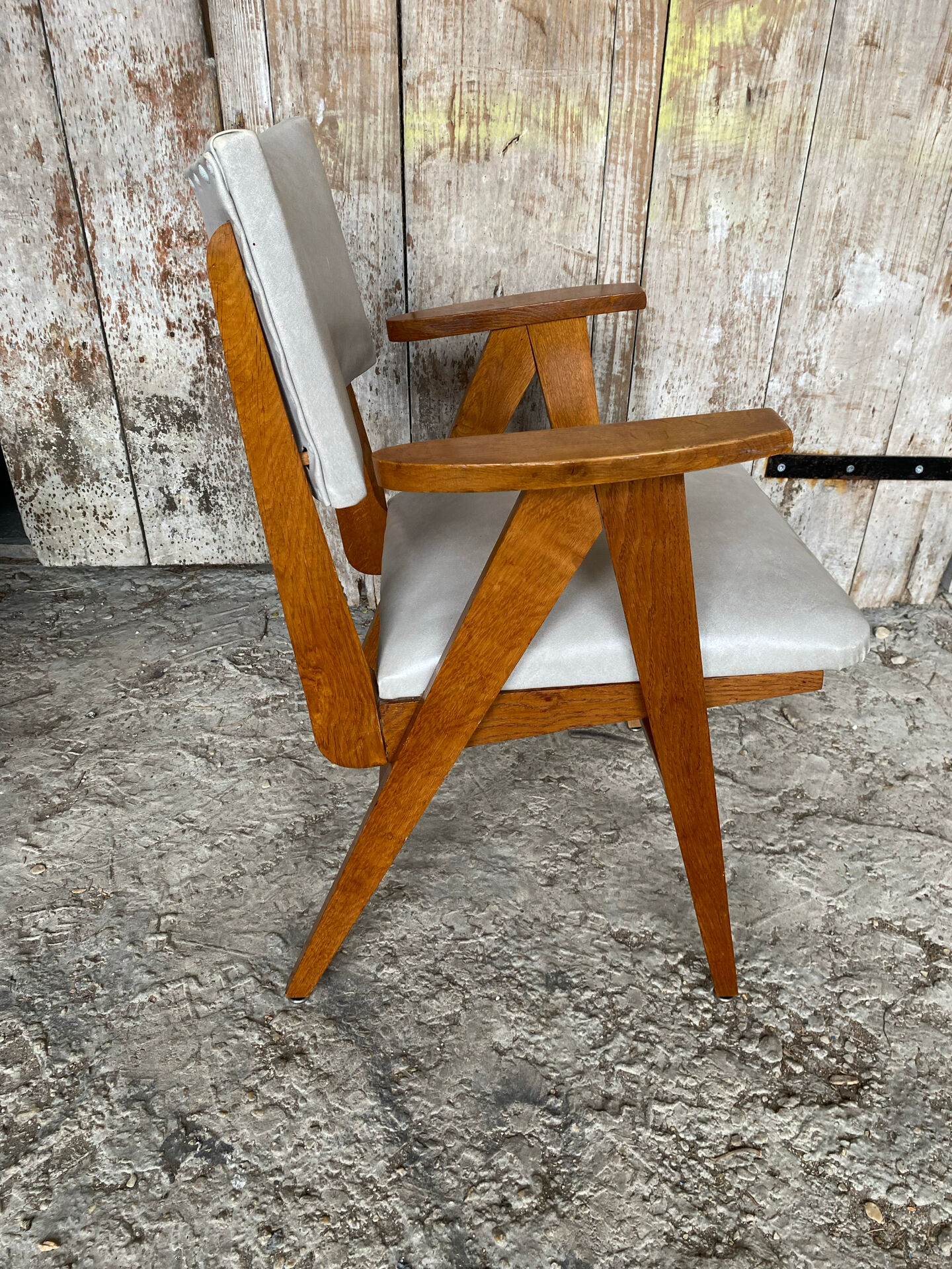Vintage 1960s Scandinavian Bridge Armchair Wood + Grey Faux Leather