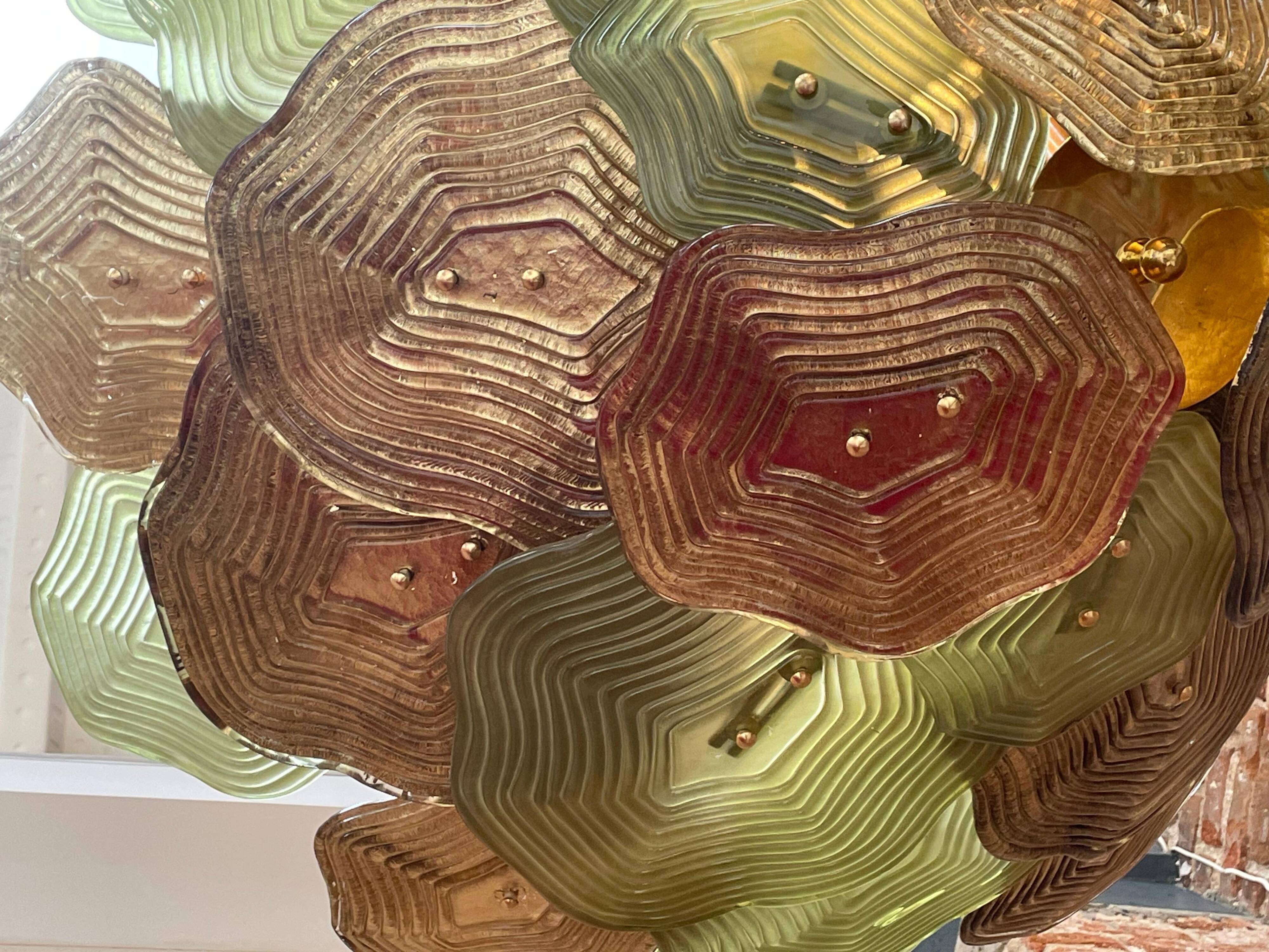 Murano Multicolored Green, Brown and Gold Glass Ceiling Lamp, Italy.