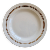 Round vintage ivory earthenware serving dish with double gold trim.