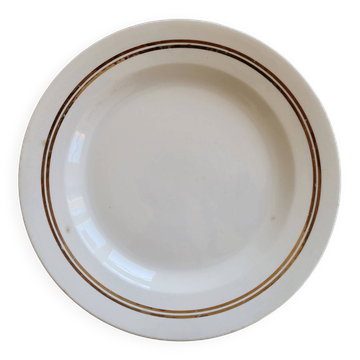 Round vintage ivory earthenware serving dish with double gold trim.