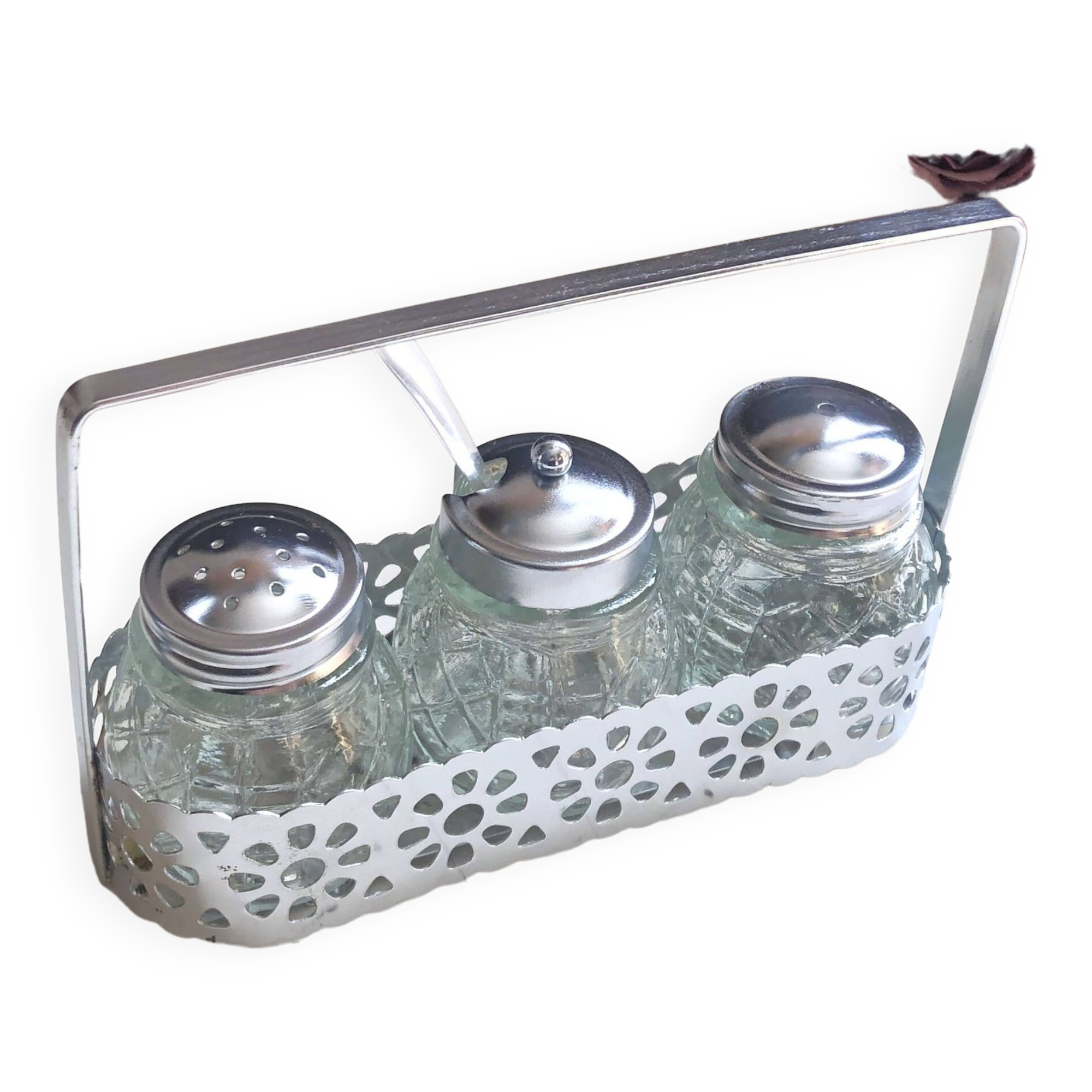 4-piece salt shaker, pepper and mustard set with spoon in stainless steel basket