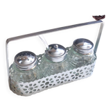 4-piece salt shaker, pepper and mustard set with spoon in stainless steel basket