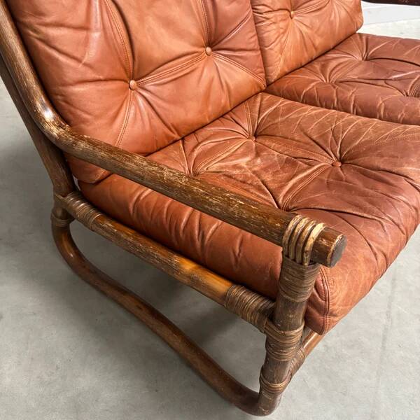 Canapé vintage en bambou et cuir, années 1970