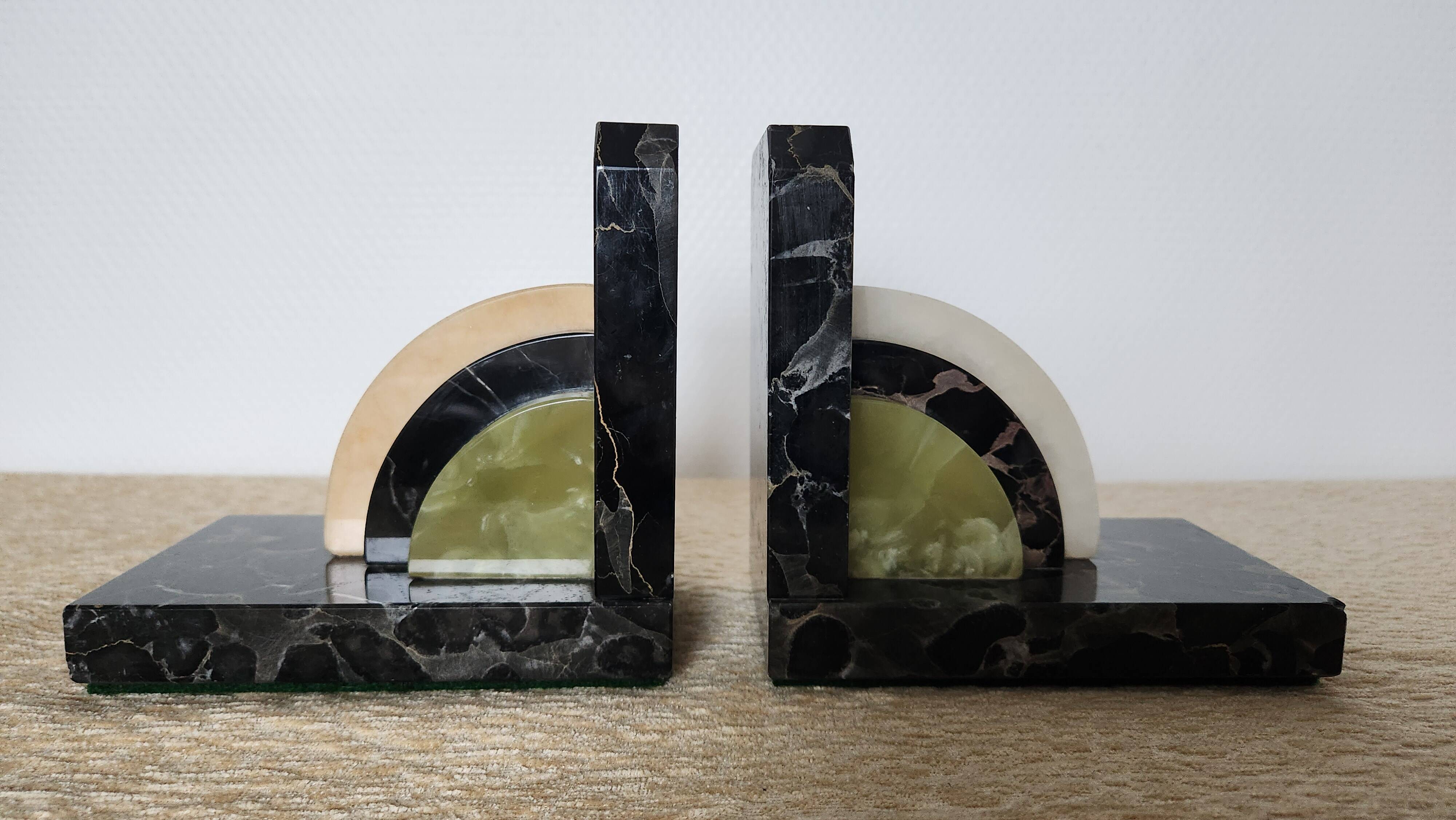 Art Deco pair of bookends in marble and green onyx – 1930s-1950s