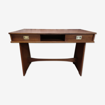 Retro design desk in veneer and brass 60s-70s