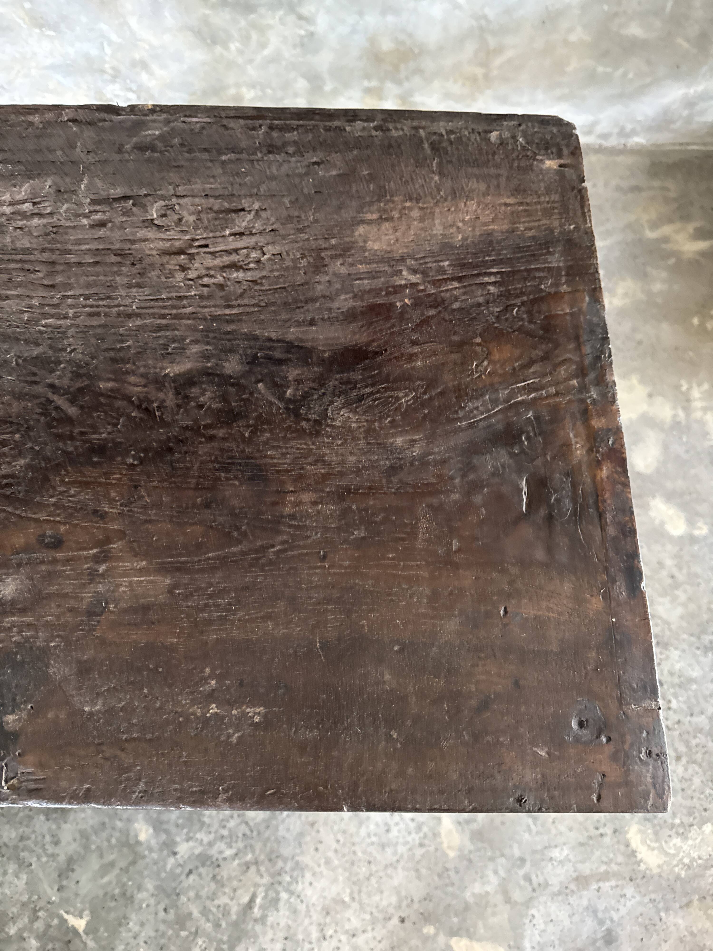 Antique Indonesian teak workbench with two drawers and stretcher H89.