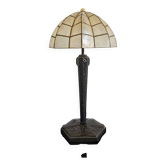 Late Art Deco table lamp in bronze with Capiz shell shade from the 1950s.