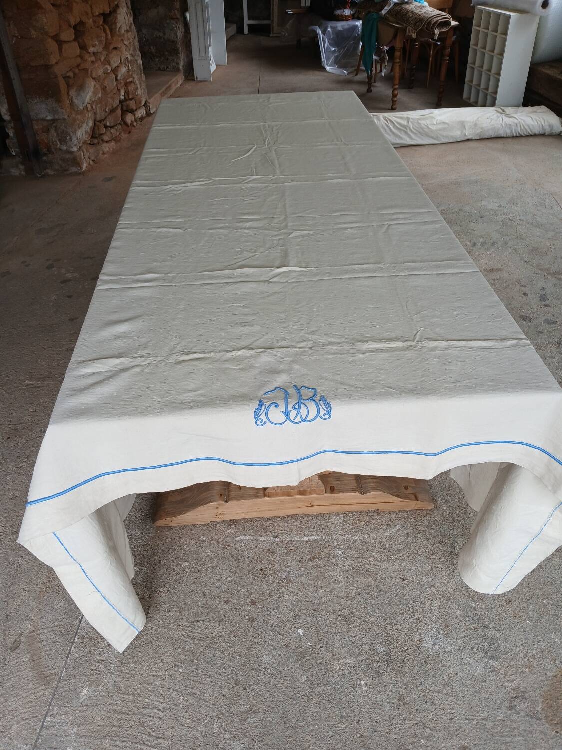 Antique linen sheet with JB embroidery