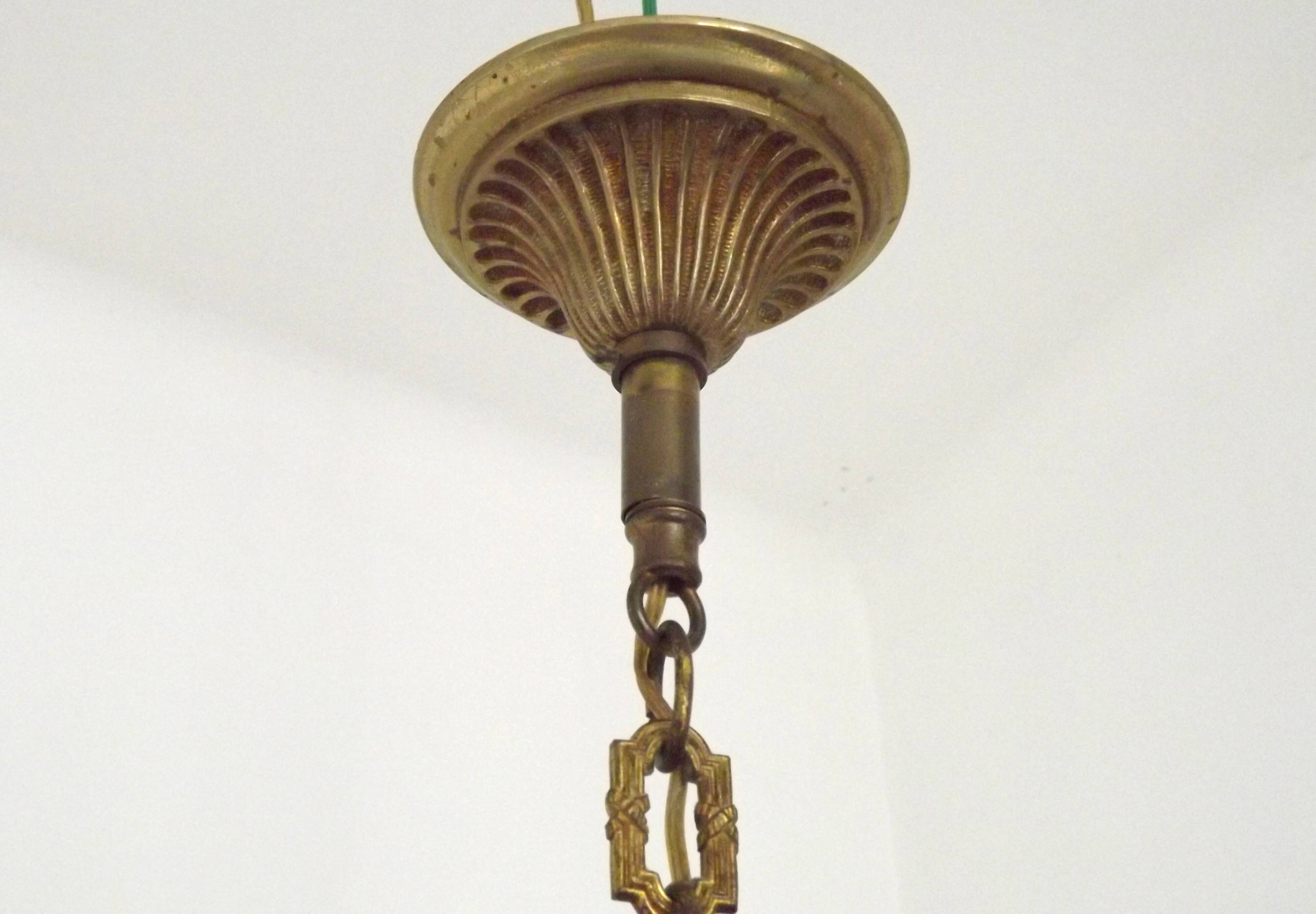 French Vintage Bronze Art Nouveau Style 3-Light 3-Sided Cage Chandelier