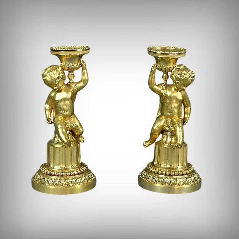 Pair of Gilt Bronze Candlesticks, Louis XVI Style – Mid 19th Century