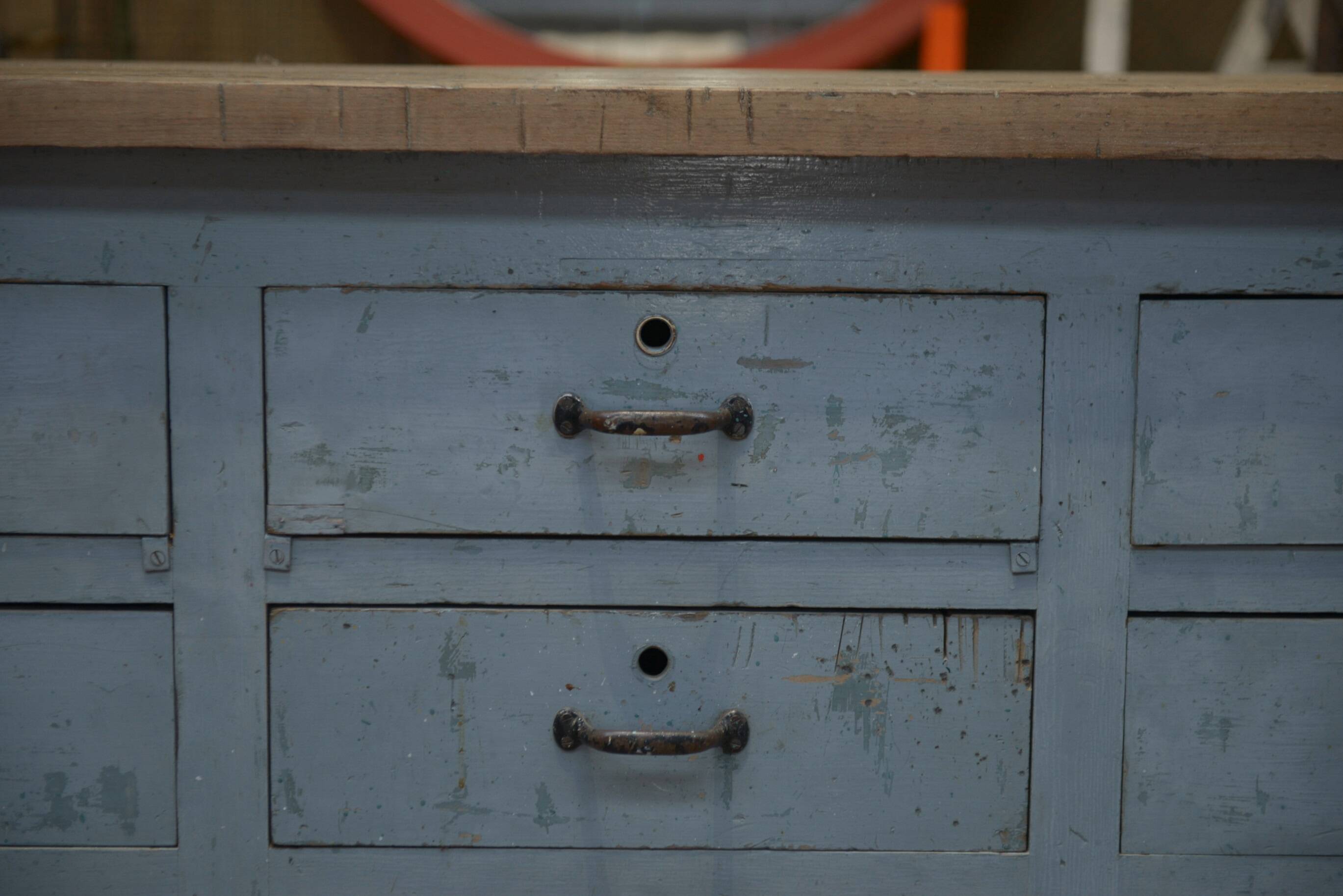 Original 1950s gray patinated 9-drawer craft cabinet