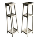 Two white vintage mid-20th century wooden plant stands, 3-tier shelves.