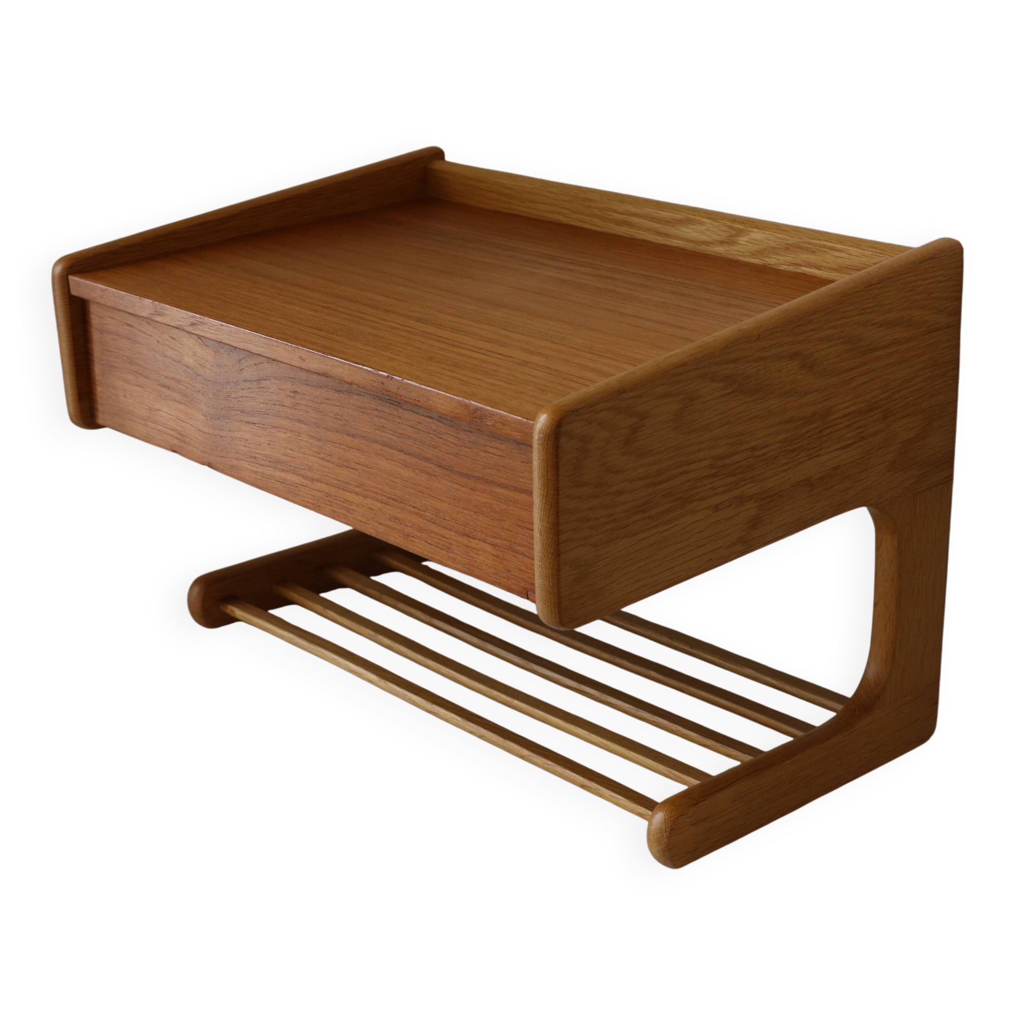 Scandinavian bedside table or wall console, oak and teak 1960